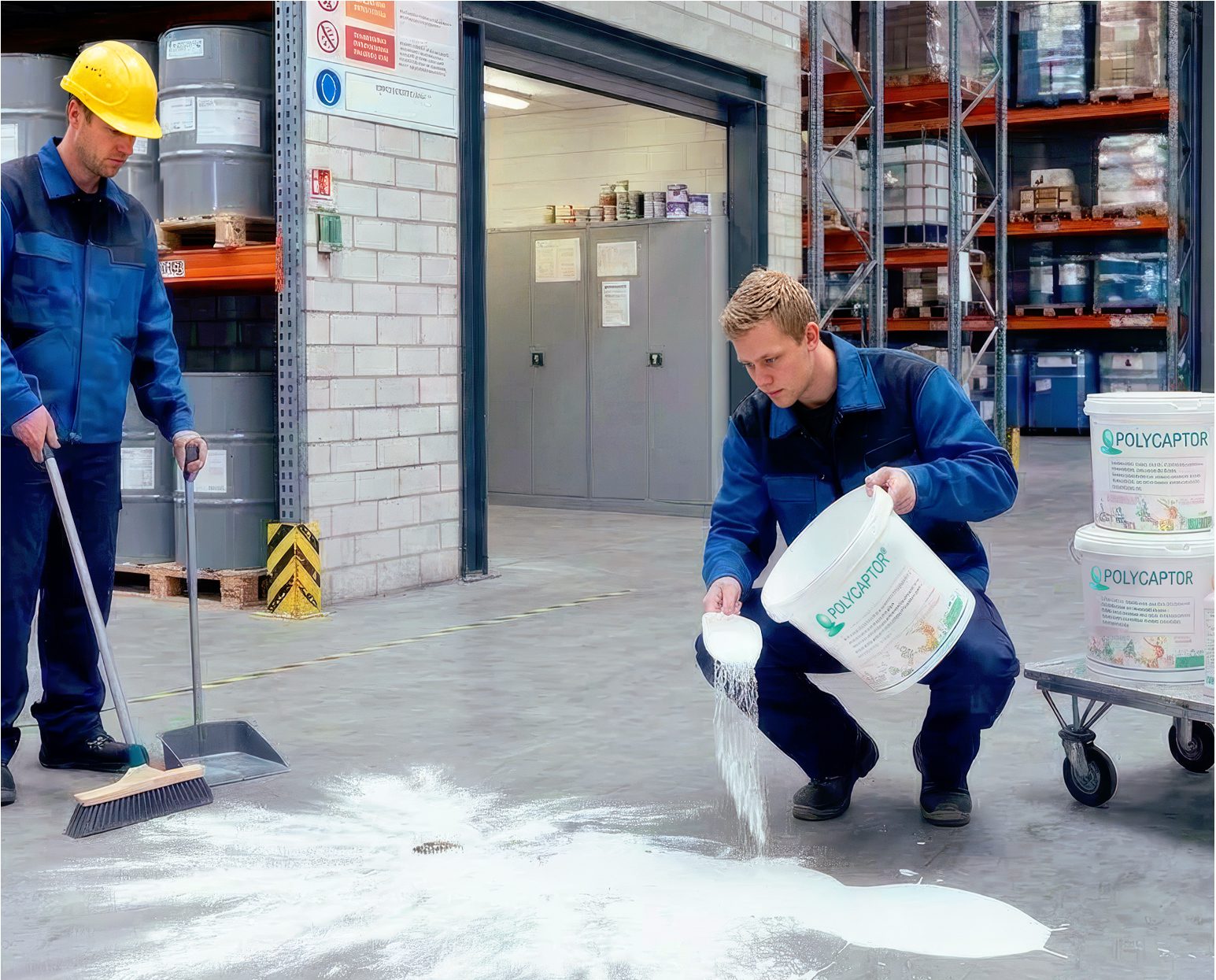 Homem aplicando a solução Polycaptor® em um derramamento químico no solo