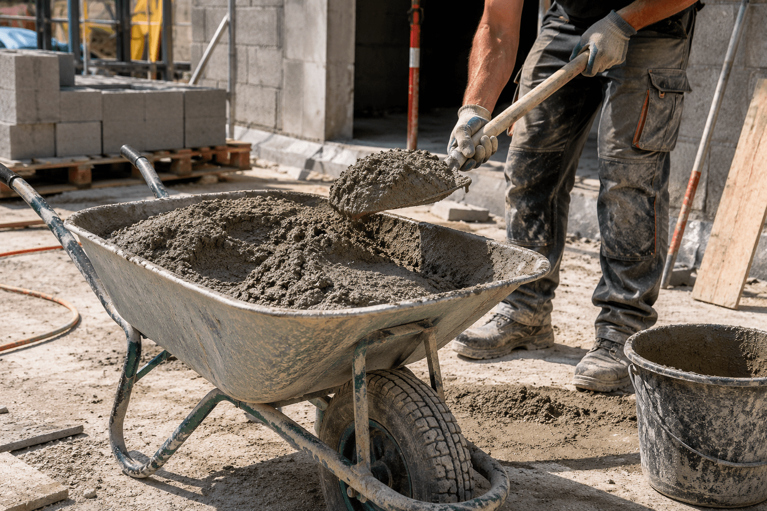 Trabalhador manipulando cimento em um canteiro de obras